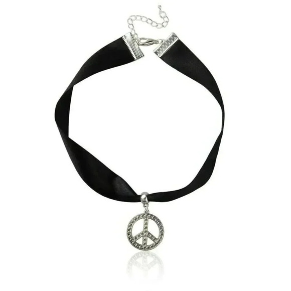 Choker Necklace Black Satin Ribbon and Silver Peace Sign Adjustable Punk Goth - Picture 1 of 1